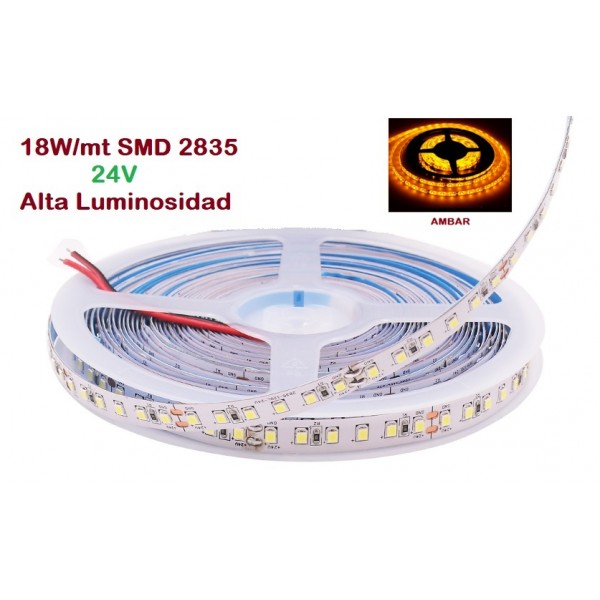 Tira LED 5 mts Flexible 24V 90W 600 Led SMD 2835 IP20 Ambar, Alta Luminosidad